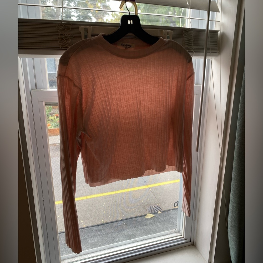 Pink ribbed long sleeve crop top